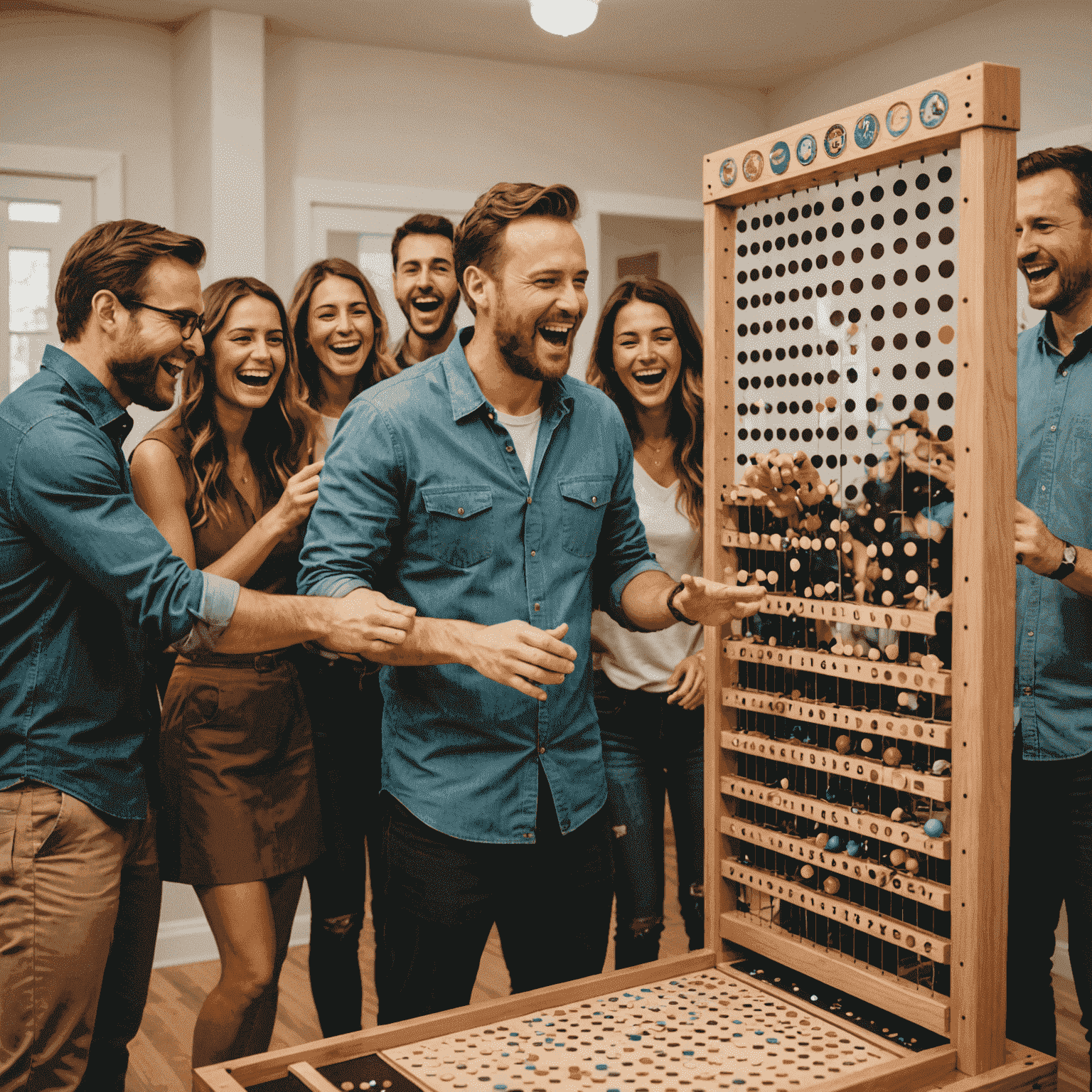 A group of people enjoying a Plinko game at a party, with a large custom-made Plinko board in the center. The scene is filled with laughter and excitement, showcasing the fun and social nature of the game.