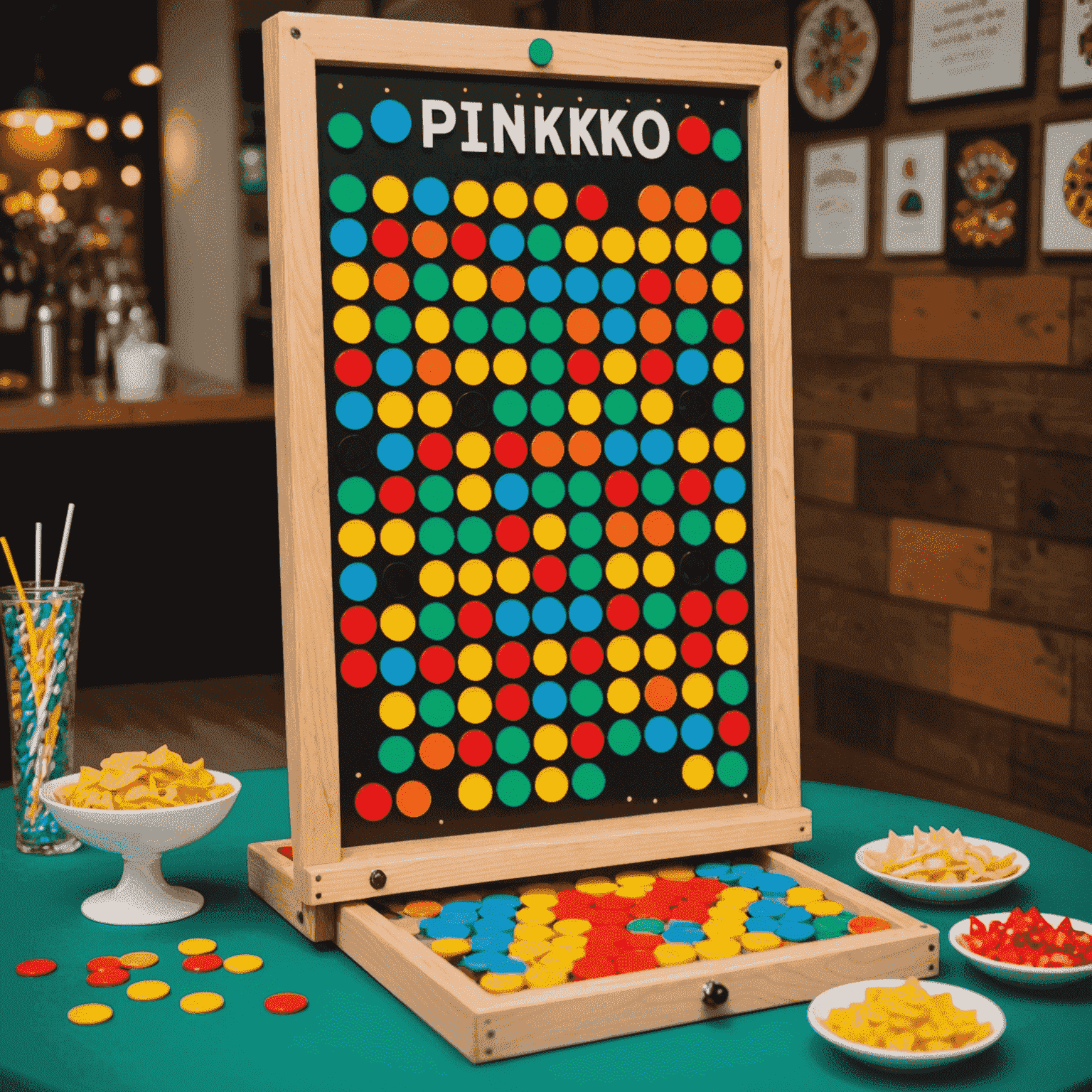 A Plinko board set up for a party with colorful chips and excited guests around it