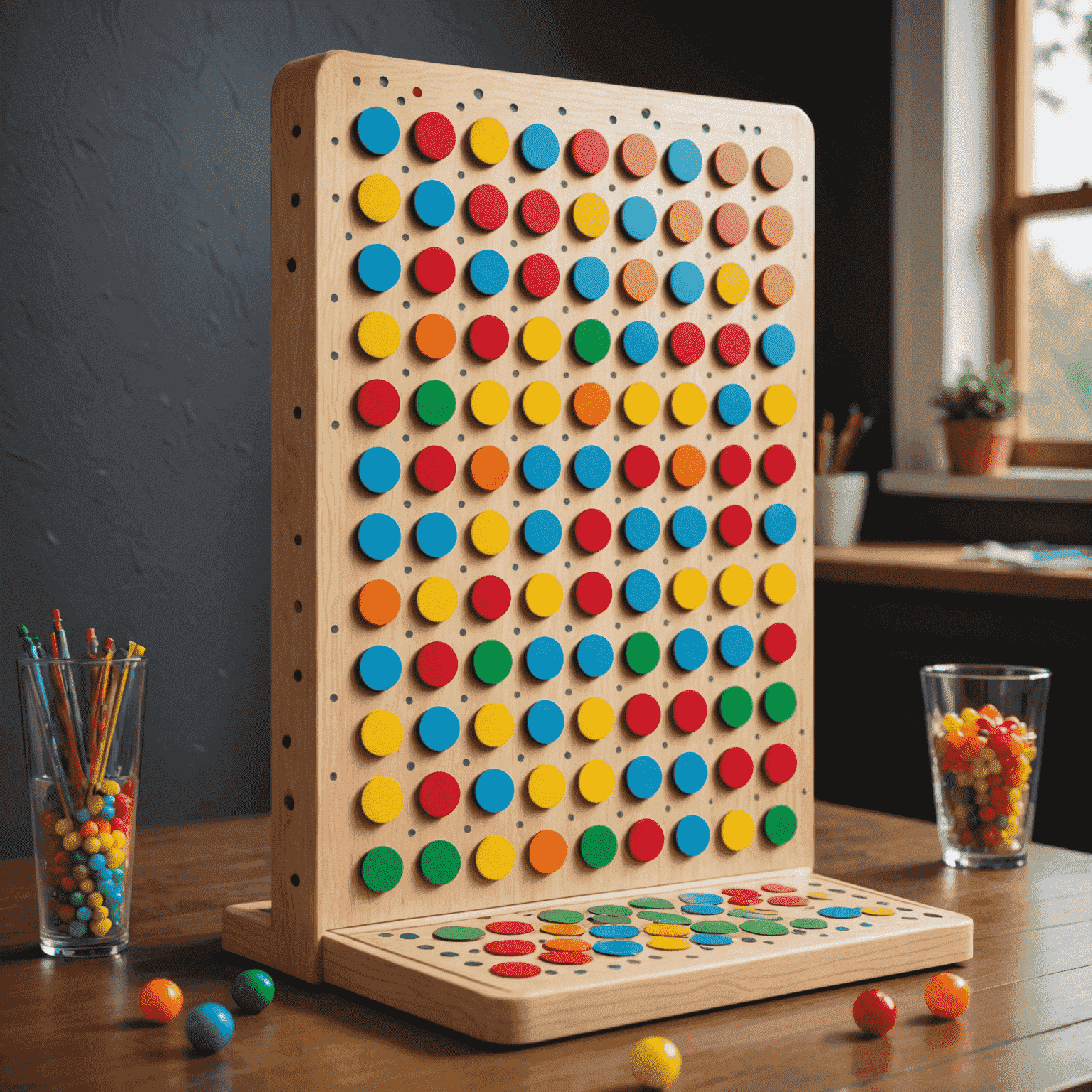 A completed DIY Plinko board with colorful pegs and a disc in mid-fall, showcasing the game in action