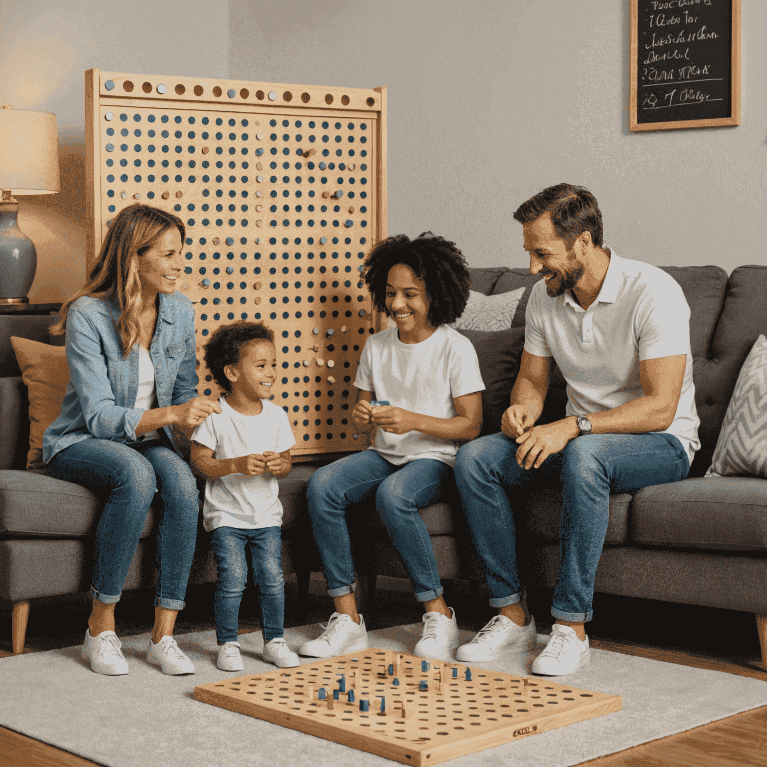 A family gathered around a homemade Plinko board, smiling and enjoying their game night