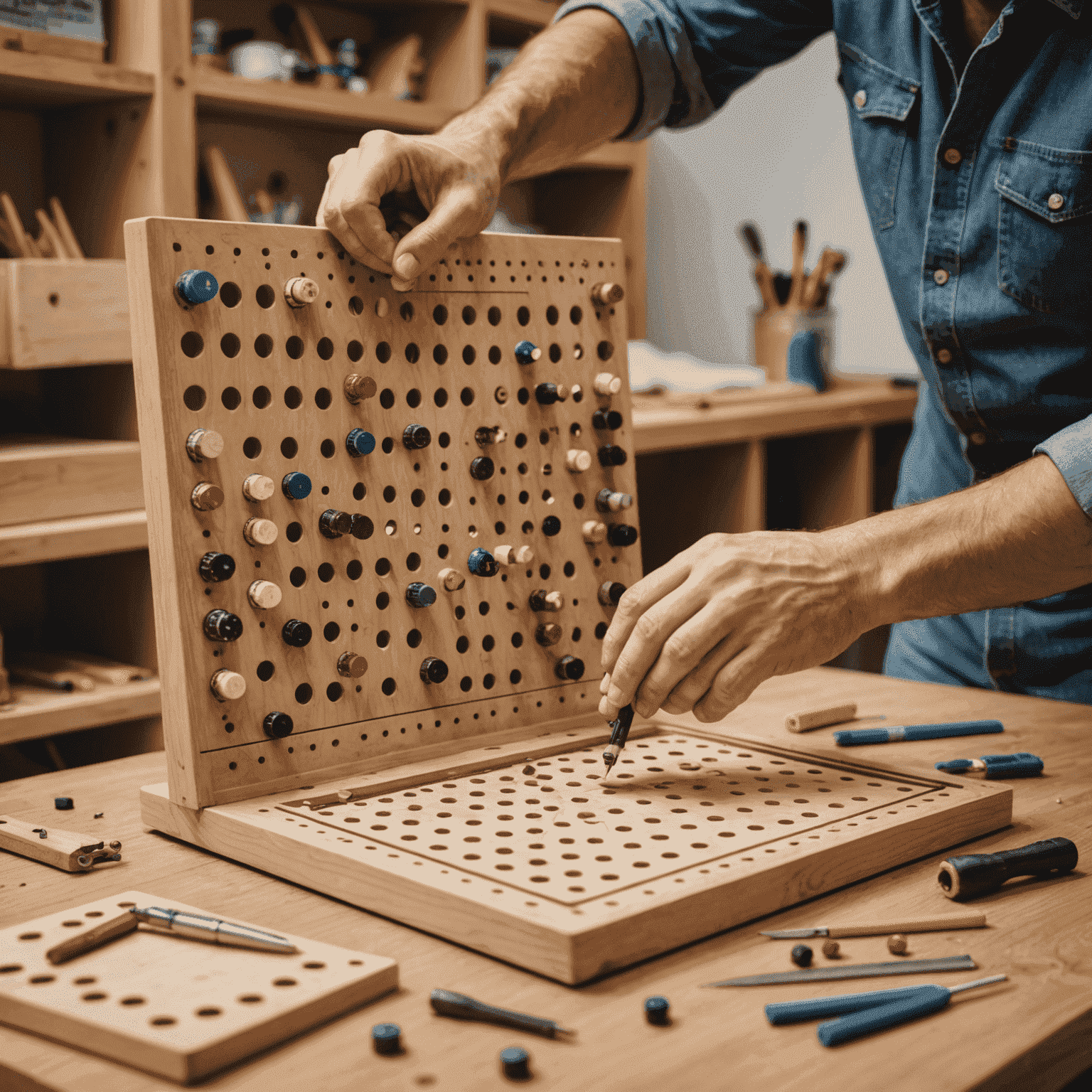A person constructing a wooden Plinko board with tools and materials spread out