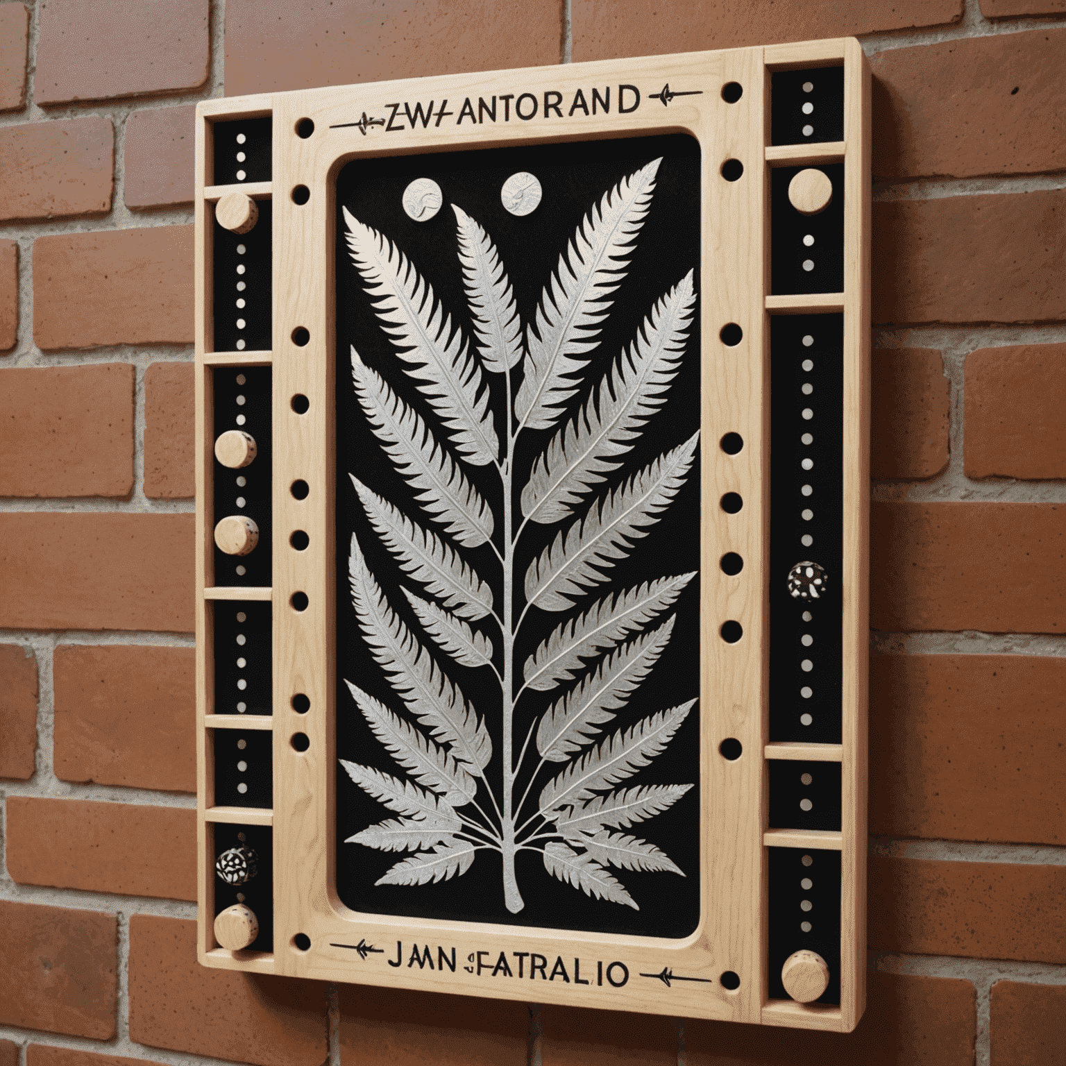 A Plinko board with a Silver Fern design, black and white pegs, and New Zealand-themed prizes at the bottom