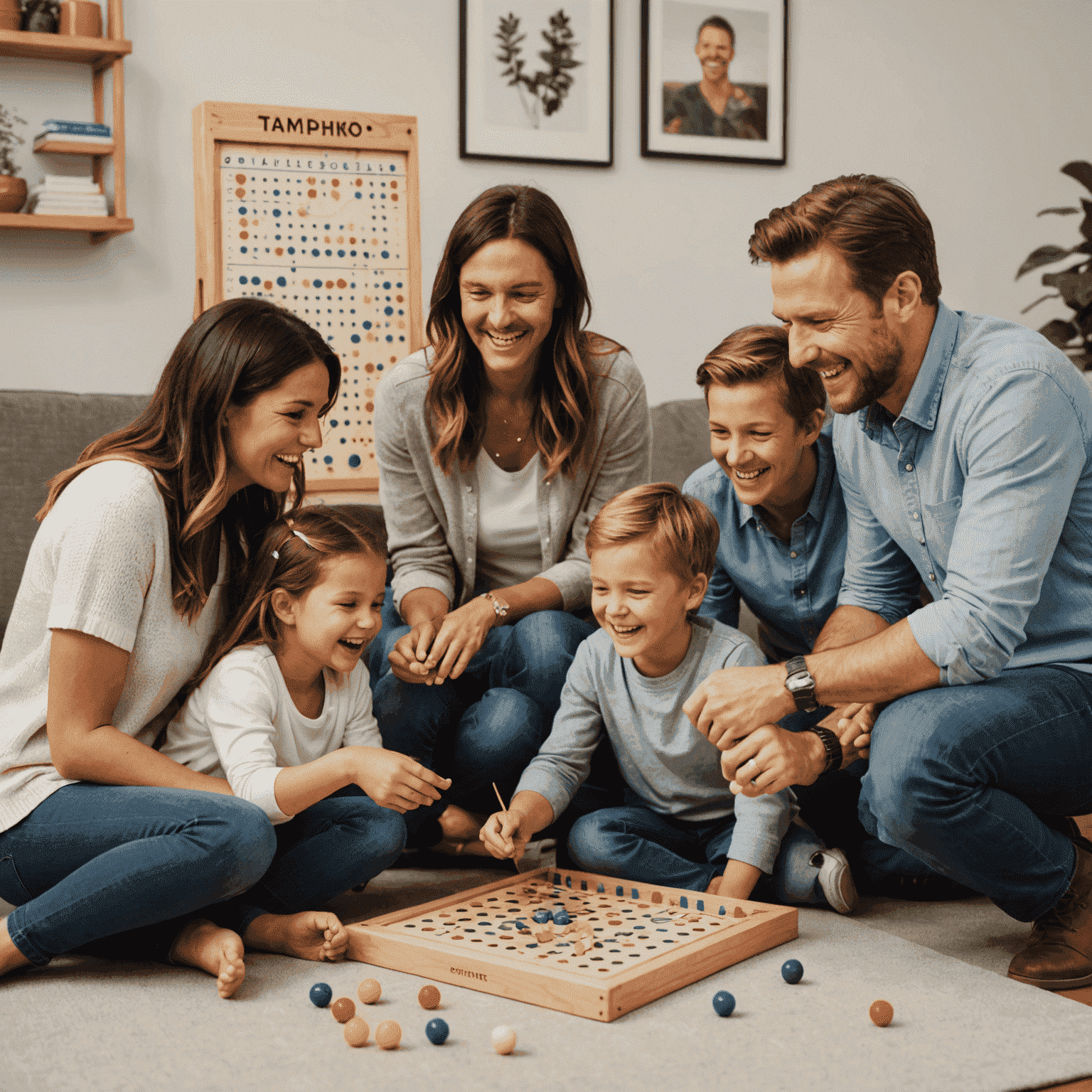A family gathered around a Plinko board, laughing and enjoying game night